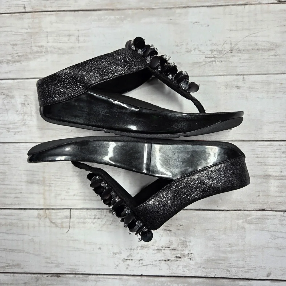 FitFlop Flare Thong Sandals Shimmer Sequin Wedge Womens 6 Black Embellished